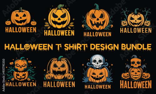 Halloween T-shirt design bundle costume template. Happy Halloween scary trendy vector t-shirt design. Halloween vector clothing apparel t-shirt design bundle