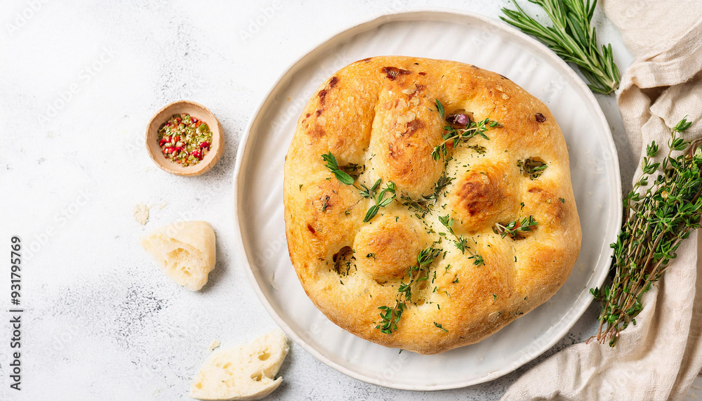 Fototapeta premium Fresh focaccia with herbs on white table. Classic Italian bread. Tasty food. Baked goods. Top view.