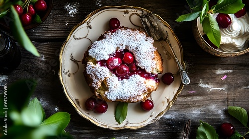 Fototapeta Naklejka Na Ścianę i Meble -  A delicious cherry cake on a vintage plate. 