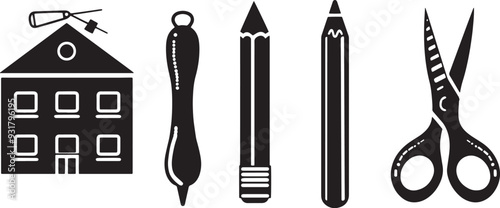 A clean vector icon set including a pencil, eraser, school building, and scissors 