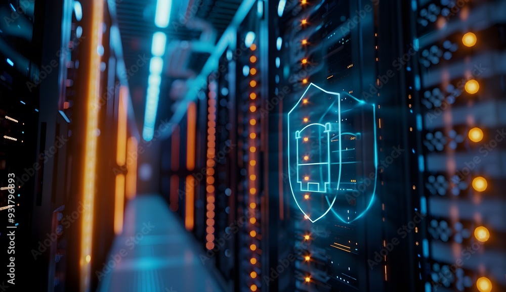 A close up of digital data storage with glowing symbols representing a shield and lock, set against the backdrop of dark server cabinets in an office environment. A close up of digital data storage with glowing symbols representing a shield and lock, set against the backdrop of dark server cabinets in an office environment.