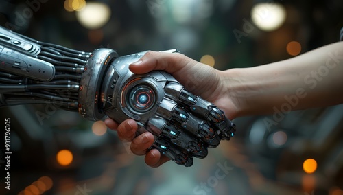 A robot hand and human arm shaking hands, symbolizing the fusion of technology with humanity. 