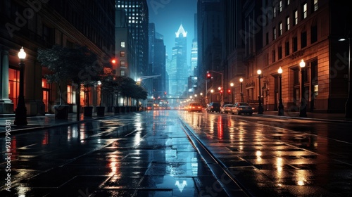 City street at night under the rain silent night