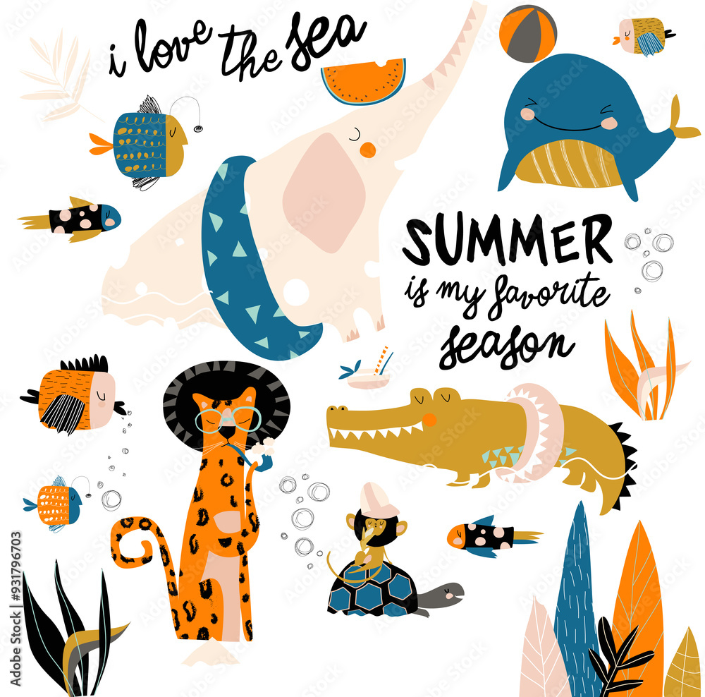 Naklejka premium Funny cartoon animals swimming in blue sea