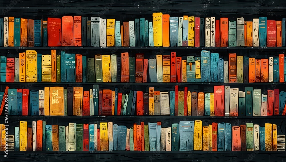 A seamless pattern of books in bold, flat colors with clean lines and geometric shapes, creating an abstract representation reminiscent of library shelves filled with literary treasures. A seamless pattern of books in bold, flat colors with clean lines and geometric shapes, creating an abstract representation reminiscent of library shelves filled with literary treasures.