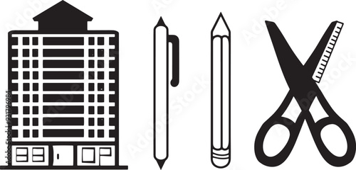 A clean vector icon set including a pencil, eraser, school building, and scissors 