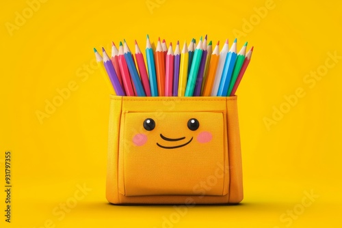 'Vibrant vector illustration with colorful pencils and a smiling pencil case on a yellow background.' photo