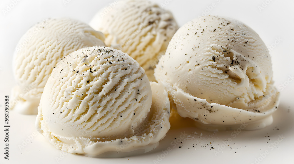 Close-up of four vanilla ice cream scoops sprinkled with vanilla bean specks on a white background. Dessert concept