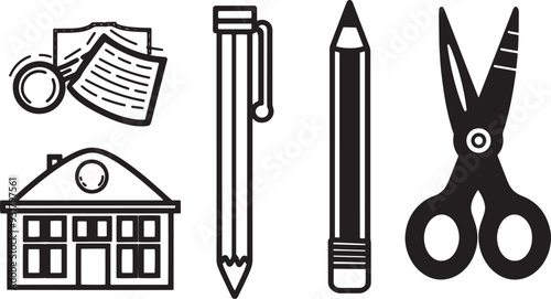 A clean vector icon set including a pencil, eraser, school building, and scissors 