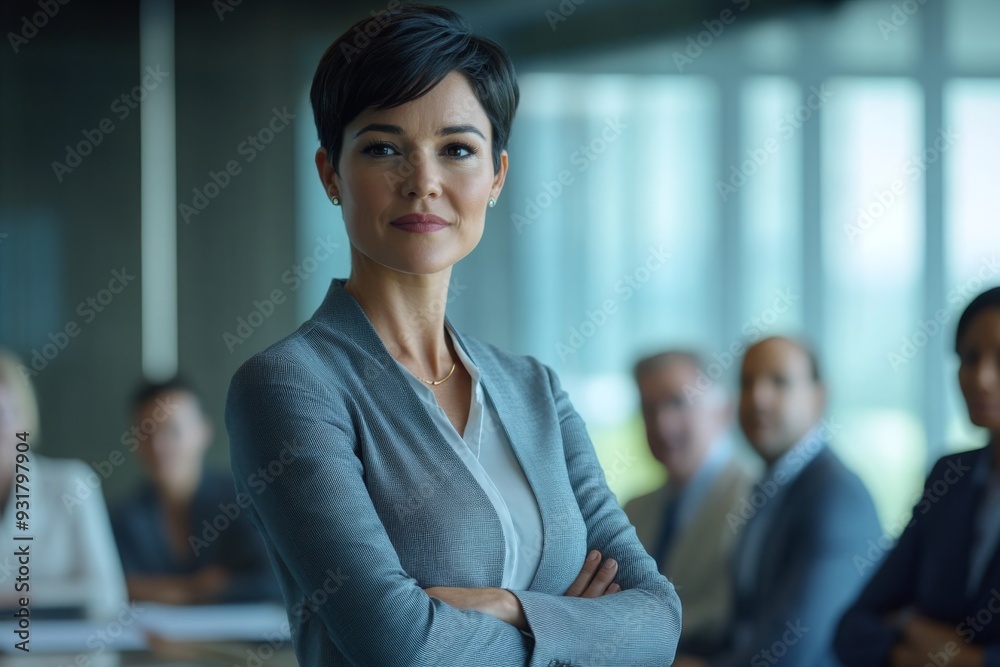 Confident female CEO with short dark hair, standing in a modern office meeting room, leading a discussion with a diverse group of executives, with a clear area on the right for text Confident female CEO with short dark hair, standing in a modern office meeting room, leading a discussion with a diverse group of executives, with a clear area on the right for text