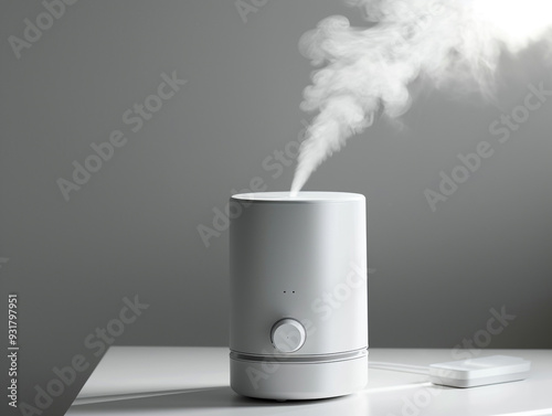 An air humidifier sits on a white table. The steam from the humidifier is rising and filling the room