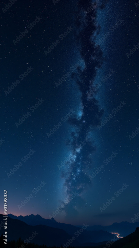 Serene Starry Night: Tranquil Landscape with Crescent Moon and Reflective Lake Serene Starry Night: Tranquil Landscape with Crescent Moon and Reflective Lake