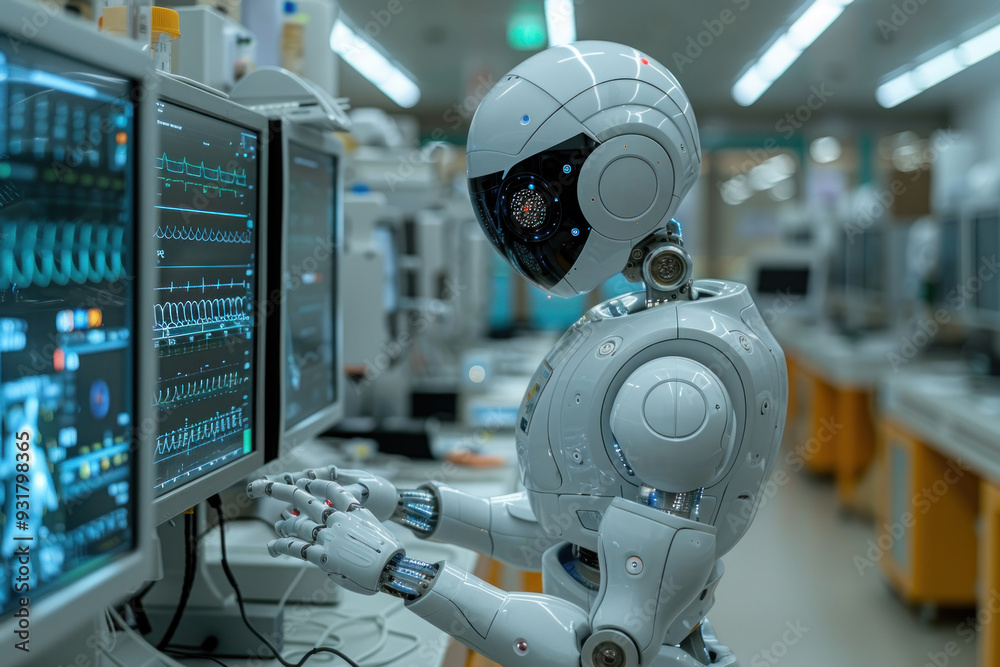 Humanoid AI robots analyze patient data in a lab Humanoid AI robots analyze patient data in a lab