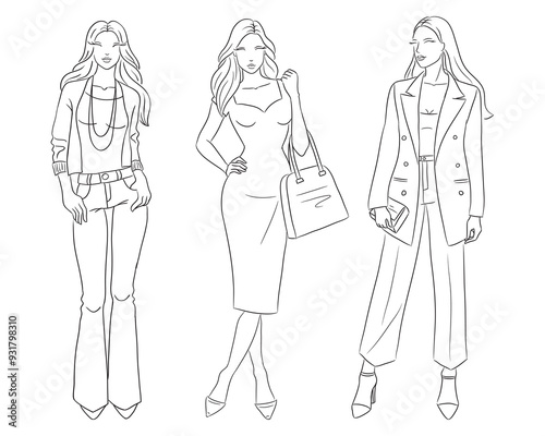 Female clothes collection. Fashion models posing. Vector line fashion illustration of beautiful young women, isolated on a white background. Fashion coloring page. Hand drawn fashion sketches.
