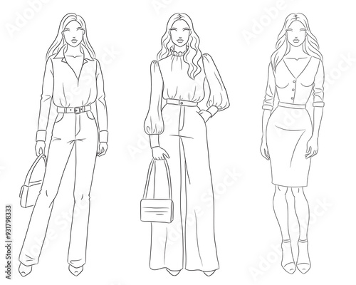 Female clothes collection. Fashion models posing. Vector line fashion illustration of beautiful young women, isolated on a white background. Fashion coloring page. Hand drawn fashion sketches.