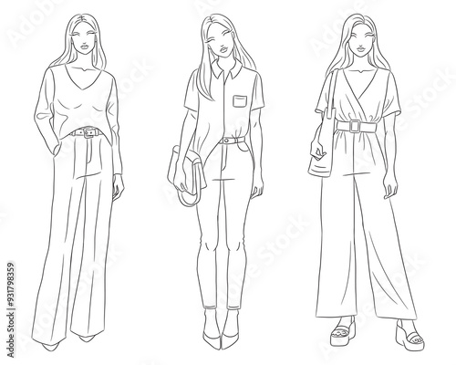 Female clothes collection. Fashion models posing. Vector line fashion illustration of beautiful young women, isolated on a white background. Fashion coloring page. Hand drawn fashion sketches.