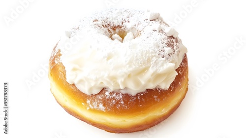 A fluffy, white-frosted donut with powdered sugar.