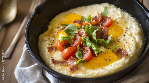 A close-up of a skillet with grits, bacon, tomatoes, and eggs.