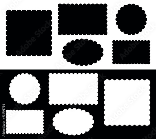 Circle and square scalloped frames. Scalloped edge rectangle and ellipse shapes. Simple label and sticker form. Flower silhouette lace frame. Vector illustration isolated on black and white background