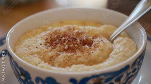 Close up of a bowl of creamy grits topped with cinnamon.