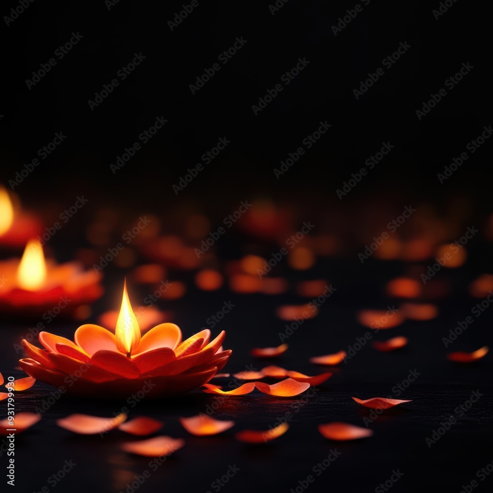 Elegant lotus candles illuminate a dark space, creating a serene and tranquil atmosphere with floating petals. Elegant lotus candles illuminate a dark space, creating a serene and tranquil atmosphere with floating petals.