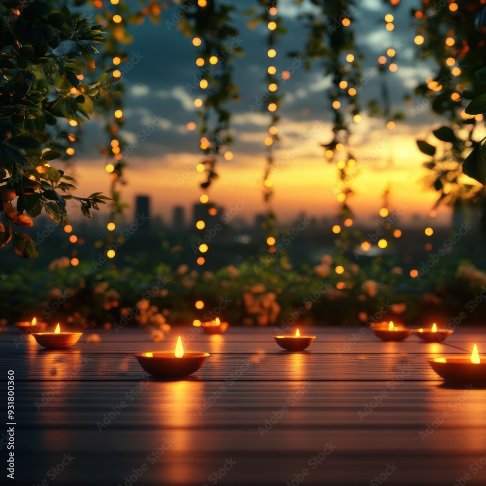 Serene sunset scene with glowing candles and lush greenery, creating a tranquil ambiance for relaxation. Serene sunset scene with glowing candles and lush greenery, creating a tranquil ambiance for relaxation.
