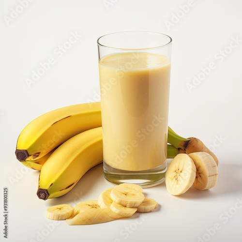 Glass of fresh banana smoothie with lemon and ginger on white background photo