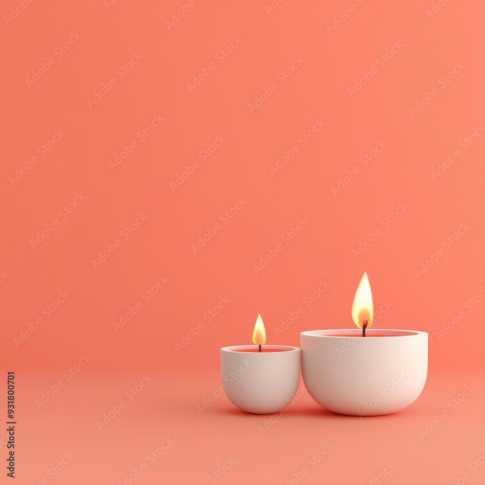 Two elegant candles with flames glowing softly against a minimalist pastel background, perfect for creating a warm ambiance. Two elegant candles with flames glowing softly against a minimalist pastel background, perfect for creating a warm ambiance.