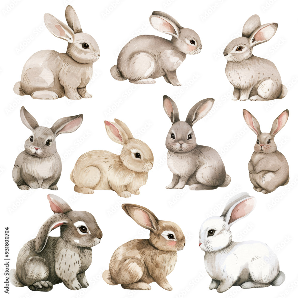 Collection of Cute Rabbits in Various Poses on Isolated Background Collection of Cute Rabbits in Various Poses on Isolated Background