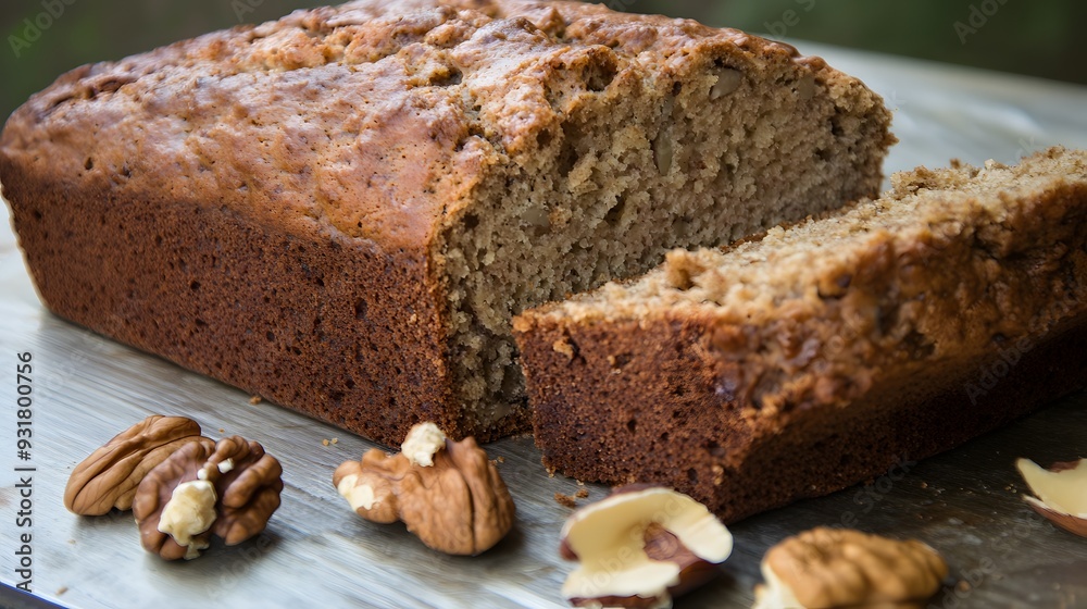A freshly baked loaf of banana bread with pecans. A freshly baked loaf of banana bread with pecans.