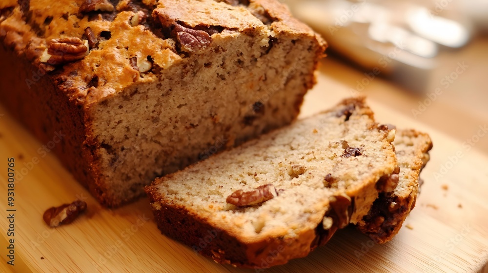 Slices of banana bread with pecans on a wooden cutting board. Slices of banana bread with pecans on a wooden cutting board.