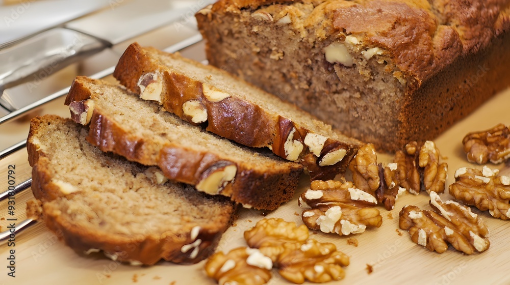 Sliced banana bread with walnuts. Sliced banana bread with walnuts.