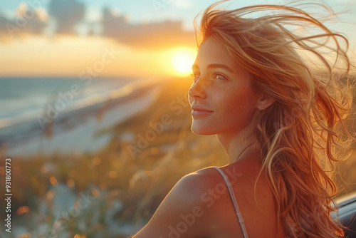 Happy woman on a sunset beach drive