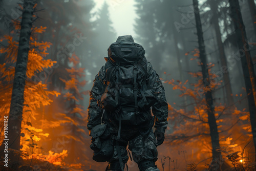 Soldier guarding a wasteland forest photo