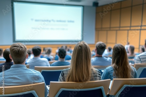 Students sitting in large lecture hall watching presentation screen, focused on academic learning experience, higher education setting