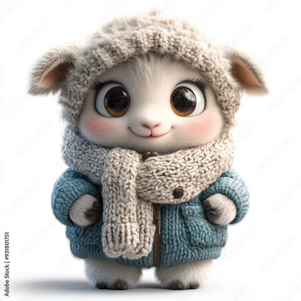 Cute Happy Sheep Isolated on White Background Wearing Cold Weather or Winter Outfit. Cartoon Character - Mascot