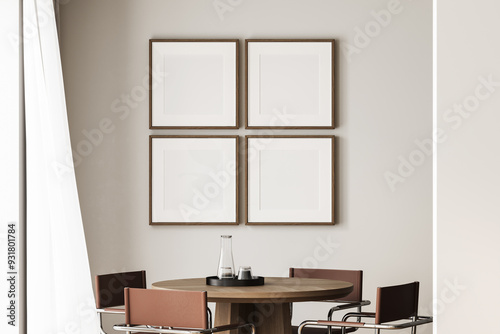 White living room interior with sideboard, side view, vase with branch in the corner on hardwood floor. Four square mock up posters. 3D rendering