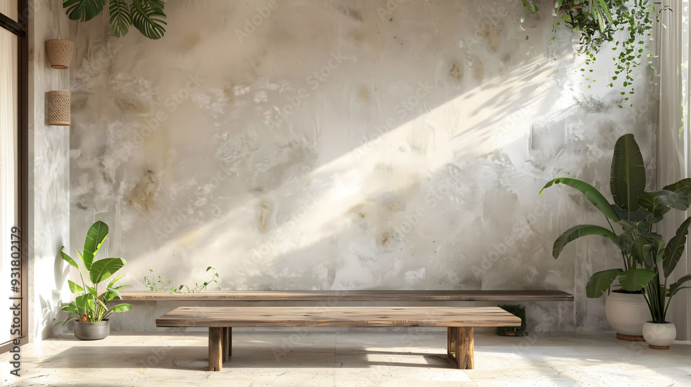 A minimalist interior design with a wooden bench and potted plants in front of a concrete wall, bathed in sunlight.