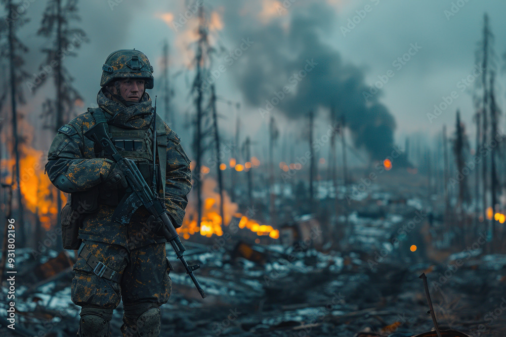 Soldier surveys destruction in a war-torn forest Soldier surveys destruction in a war-torn forest