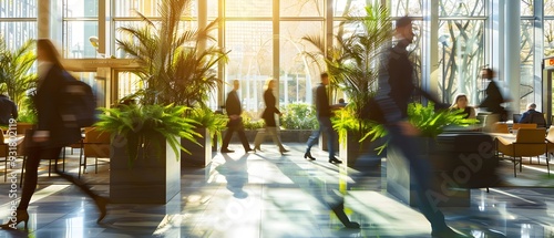 A bright office lobby filled with natural light and lush greenery. Blurred motion of professionals walking creates a dynamic and lively atmosphere.