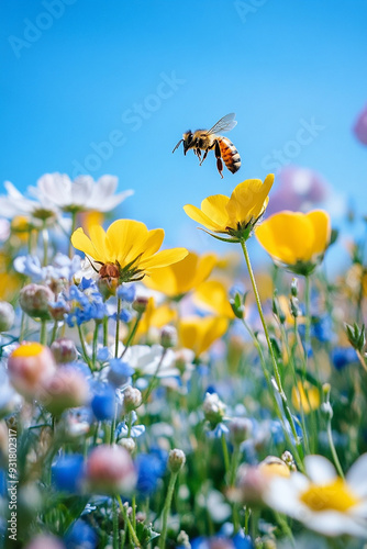 bee in a colorful flower garden with blur background generated by AI