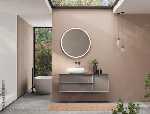 Modern minimalist bathroom interior, modern bathroom cabinet, white sink, wooden vanity, interior plants, bathroom accessories, bathtub and shower, white and beige walls, concrete floor. photo