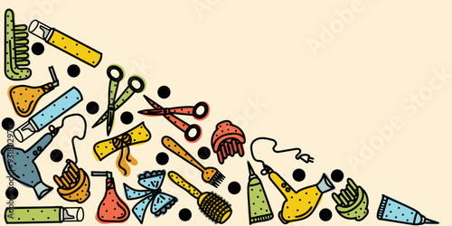 Colorful Doodle Hairdressing set frame: scissors, hair dryer, comb, diffuser, atomizer, bow, headband editable stroke. Vector hand drawn illustration isolated on beige background for banners, business
