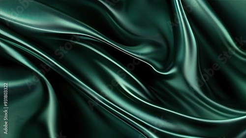 Abstract green satin fabric with elegant folds and smooth texture.