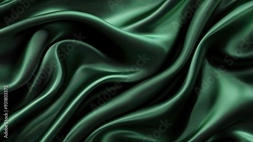 Abstract green satin fabric with smooth and soft folds.