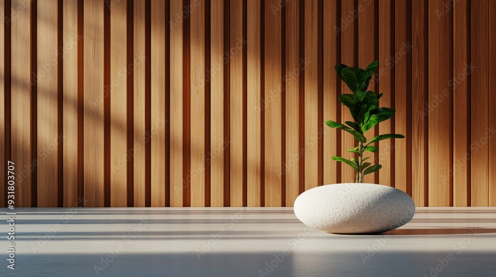 A minimalist decor featuring a small plant in a white stone planter against a wooden wall, highlighting natural elements. A minimalist decor featuring a small plant in a white stone planter against a wooden wall, highlighting natural elements.