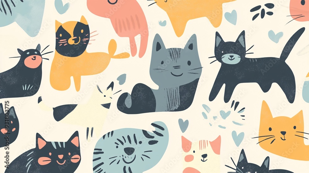 Close-up pattern of hand-drawn cats and dogs in playful poses with a soft color palette Close-up pattern of hand-drawn cats and dogs in playful poses with a soft color palette