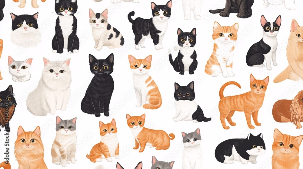 Close-up of a detailed pattern featuring a mix of different cat and dog breeds on a white background Close-up of a detailed pattern featuring a mix of different cat and dog breeds on a white background