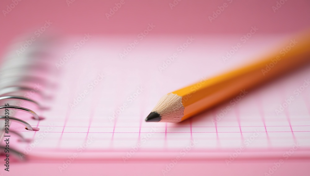 A pink notebook with grid paper and a pencil on a pink background closeup A pink notebook with grid paper and a pencil on a pink background closeup