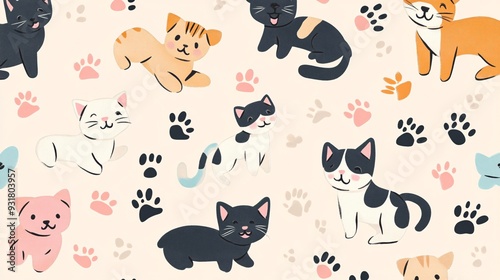 Repeating pattern of playful kittens and puppies with paw prints and bones on a pastel background